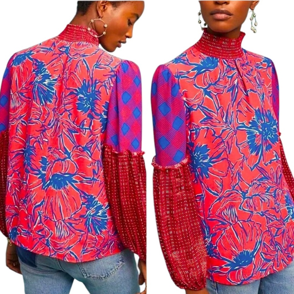 Anthropologie Bl^nk Vivant Red Blue Floral Check Print Mock Neck Peasant Top - M